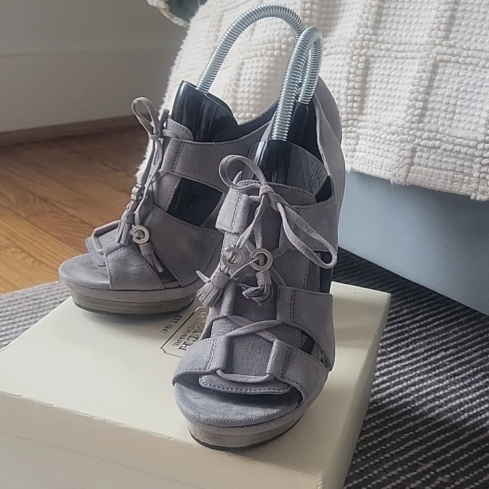 Coach Teagan Gray Shimmer Leather Heeled Sandals - Picture 1 of 7
